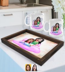 Kişiye Özel Anne Kız Karikatürlü Doğal Ahşap Tepsi ve 2’li Kupa Bardak Seti-3