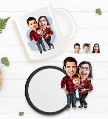 Kişiye Özel Aile Karikatürlü Beyaz Kupa ve Ahşap Bardak Altlığı Hediye Seti-2
