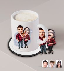 Kişiye Özel Aile Karikatürlü Beyaz Kupa ve Ahşap Bardak Altlığı Hediye Seti-2