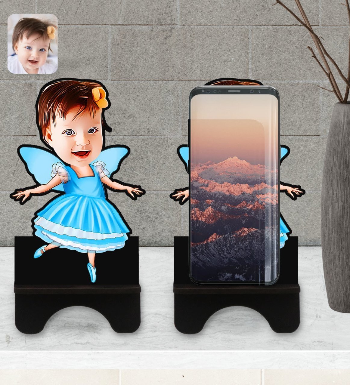 Kişiye Özel Kız Çocuk Peri Karikatürlü Ahşap Biblo Telefon Standı-1