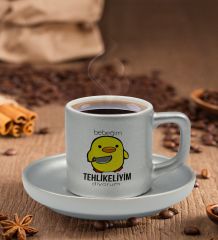 BK Gift Bebeğim Tehlikeliyim Diyorum Tasarımlı Mat Gümüş Yaldız Renk Türk Kahvesi Fincanı-1, Ev Hediyesi, Doğum Günü Hediyesi, Ev Hediyesi
