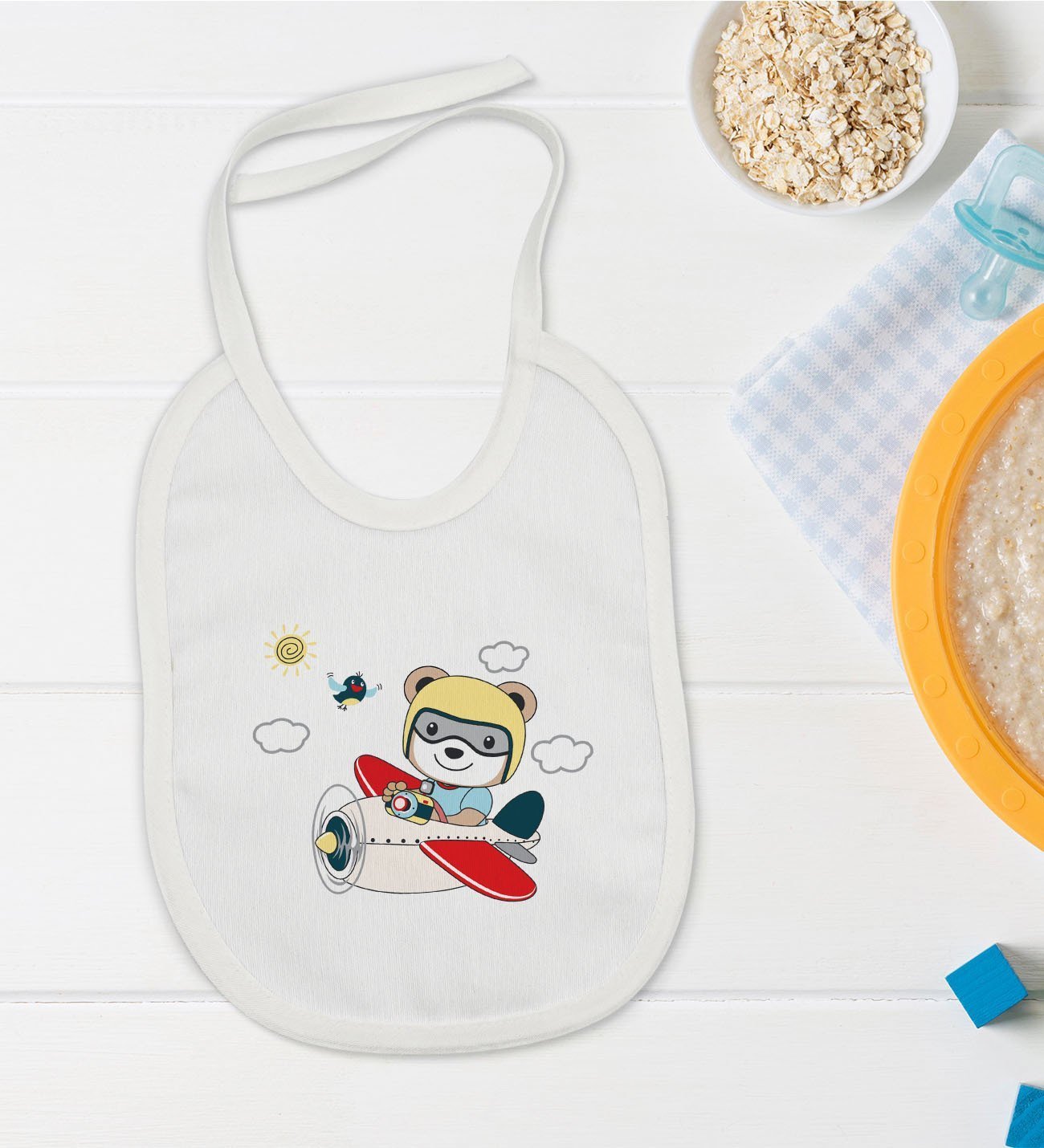 BK Kids Sevimli Pilot Tasarımlı Bebek Mama Önlüğü - Model 1