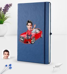 Kişiye Özel Plakalı Erkek Audi A3 Karikatürlü Lacivert Termo Deri Defter 16x24cm Model 1