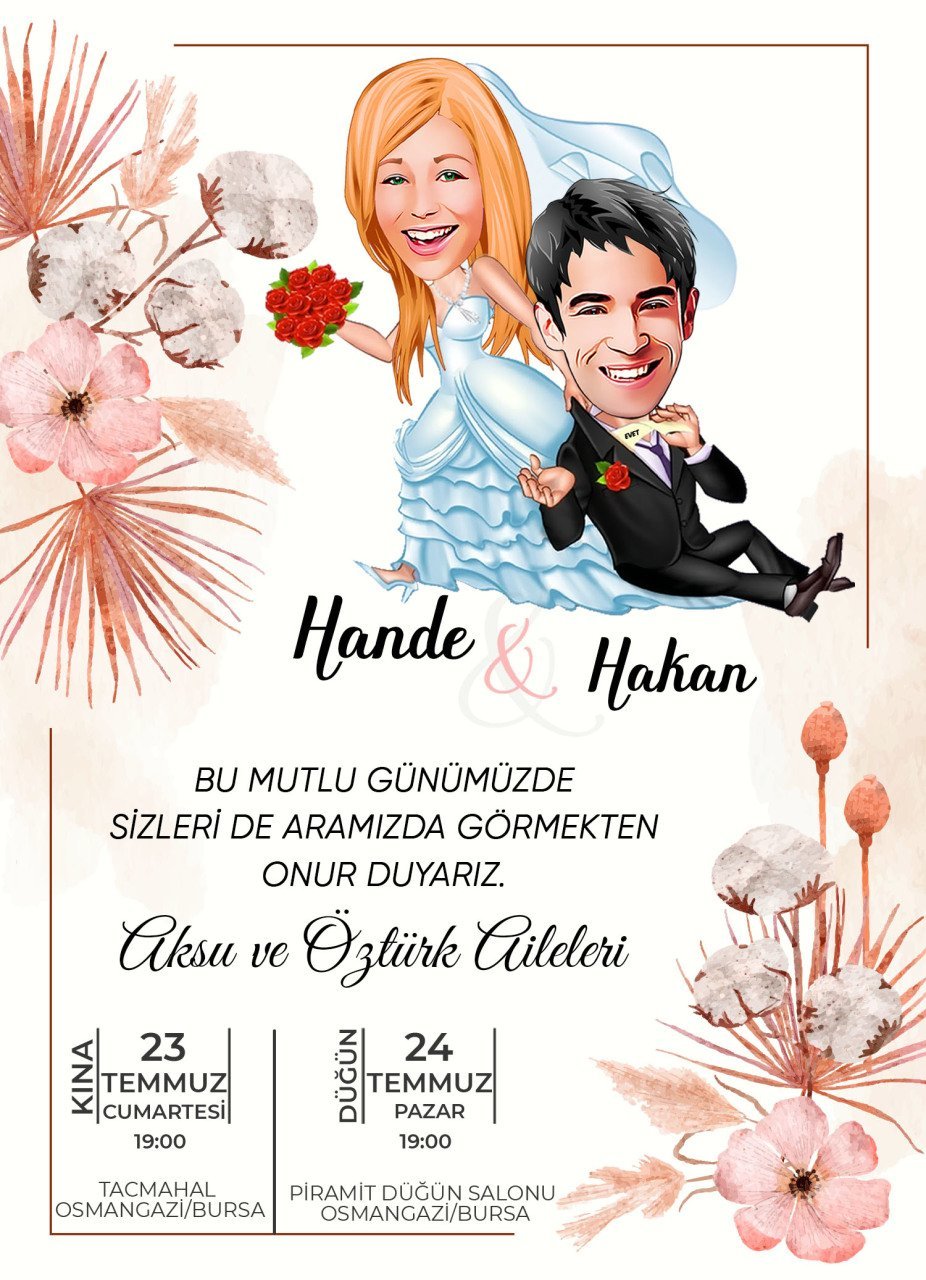 Kişiye Özel Karikatürlü Bitmeyen Düğün Davetiyesi Model 87