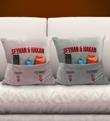 BK Gift Kişiye Özel Eğlenceli Tasarımlı 2'li Organizer Kumanda ve Atıştırmalık Cepli Pembe&Gri Kırlent Yastık- 2, Ev Dekoru, Ev Hediyesi