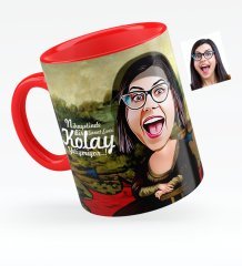 Kişiye Özel Mona Lisa Karikatürlü Kırmızı Kupa Bardak - 1