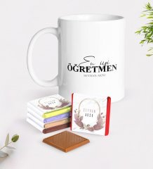 Kişiye Özel En İyi Öğretmen Beyaz Kupa ve Çikolata Hediye Seti-16