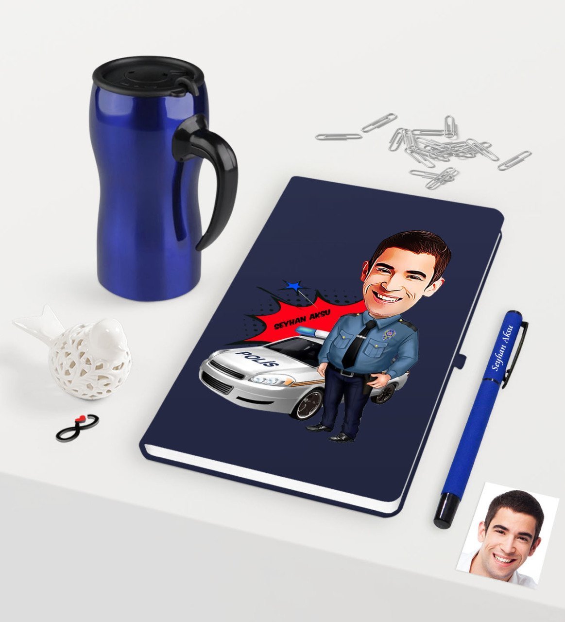 Kişiye Özel Bay Trafik Polisi Karikatürlü Lacivert Defter Kalem Termos Mug Seti - 2