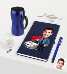 Kişiye Özel Bay Trafik Polisi Karikatürlü Lacivert Defter Kalem Termos Mug Seti - 2