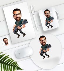 Kişiye Özel Bay Gitarist Karikatürlü Defter Kalem Kupa Mouse Pad Seti