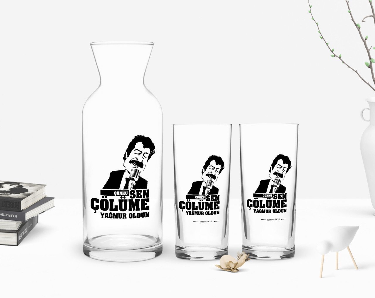 Kişiye Özel Renkli Baskılı Çünkü Sen Çölüme Yağmur Oldun Tasarımlı İkili Rakı Bardağı ve Karaf Hediye Seti-4