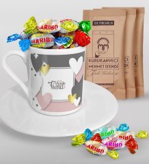 Kişiye Özel Sevgililer Günü Türk Kahvesi Fincanı Mehmet Efendi Kahve ve Haribo Şeker Hediye Seti-138