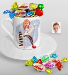 Kişiye Özel Bayan Karikatürlü Türk Kahvesi Fincanı ve Haribo Şeker Hediye Seti-39