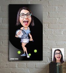 Kişiye Özel Bayan Tenis Oyuncusu Karikatür Ahşap Tablo - 1