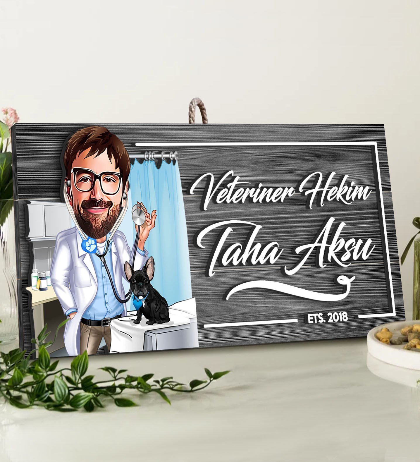 BK Gift Kişiye Özel Veteriner Karikatürlü Gri Dekoratif Ahşap Tabela