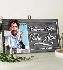BK Gift Kişiye Özel Veteriner Karikatürlü Gri Dekoratif Ahşap Tabela