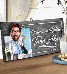 BK Gift Kişiye Özel Veteriner Karikatürlü Gri Dekoratif Ahşap Tabela
