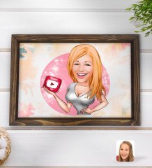 Kişiye Özel Kadın Youtuber Karikatürlü Doğal Ahşap Tepsi-2