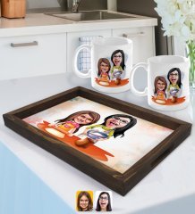 Kişiye Özel Anne Kız Karikatürlü Doğal Ahşap Tepsi ve 2’li Kupa Bardak Seti-2
