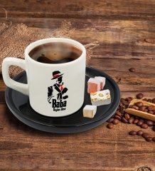 Kişiye Özel Siyah Sunum Tabaklı Baba Godfather Tasarımlı Türk Kahvesi Fincanı Model 18