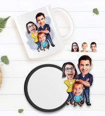 Kişiye Özel Aile Karikatürlü Beyaz Kupa ve Ahşap Bardak Altlığı Hediye Seti-1