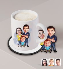 Kişiye Özel Aile Karikatürlü Beyaz Kupa ve Ahşap Bardak Altlığı Hediye Seti-1