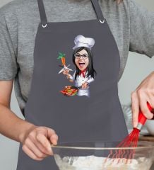 BK Gift Kişiye Özel Kadın Chef Karikatürlü Profesyonel Antrasit Mutfak Önlüğü, Aşçı Önlüğü, Şef Önlüğü, Arkadaşa Hediye-2