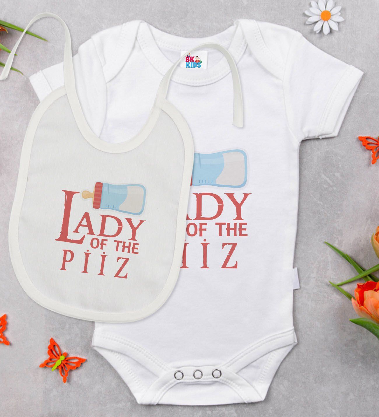 BK Kids Lady Of The Piiz Tasarımlı Beyaz Bebek Body Zıbın ve Mama Önlüğü Hediye Seti-1