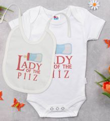 BK Kids Lady Of The Piiz Tasarımlı Beyaz Bebek Body Zıbın ve Mama Önlüğü Hediye Seti-1