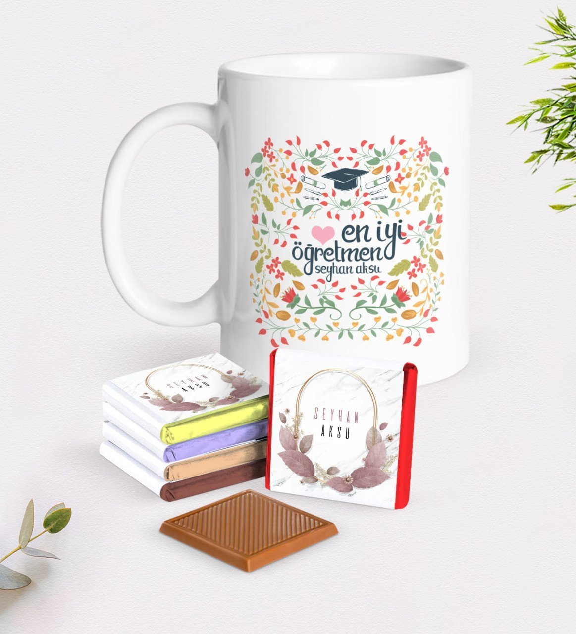Kişiye Özel En İyi Öğretmen Beyaz Kupa ve Çikolata Hediye Seti-15