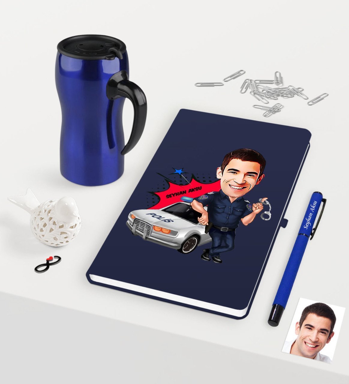 Kişiye Özel Bay Trafik Polisi Karikatürlü Lacivert Defter Kalem Termos Mug Seti - 1