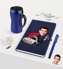 Kişiye Özel Bay Trafik Polisi Karikatürlü Lacivert Defter Kalem Termos Mug Seti - 1