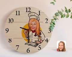 Kişiye Özel Kadın Chef Karikatürlü Otantik Ahşap Palet Saat-12