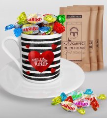 Kişiye Özel Sevgililer Günü Türk Kahvesi Fincanı Mehmet Efendi Kahve ve Haribo Şeker Hediye Seti-137