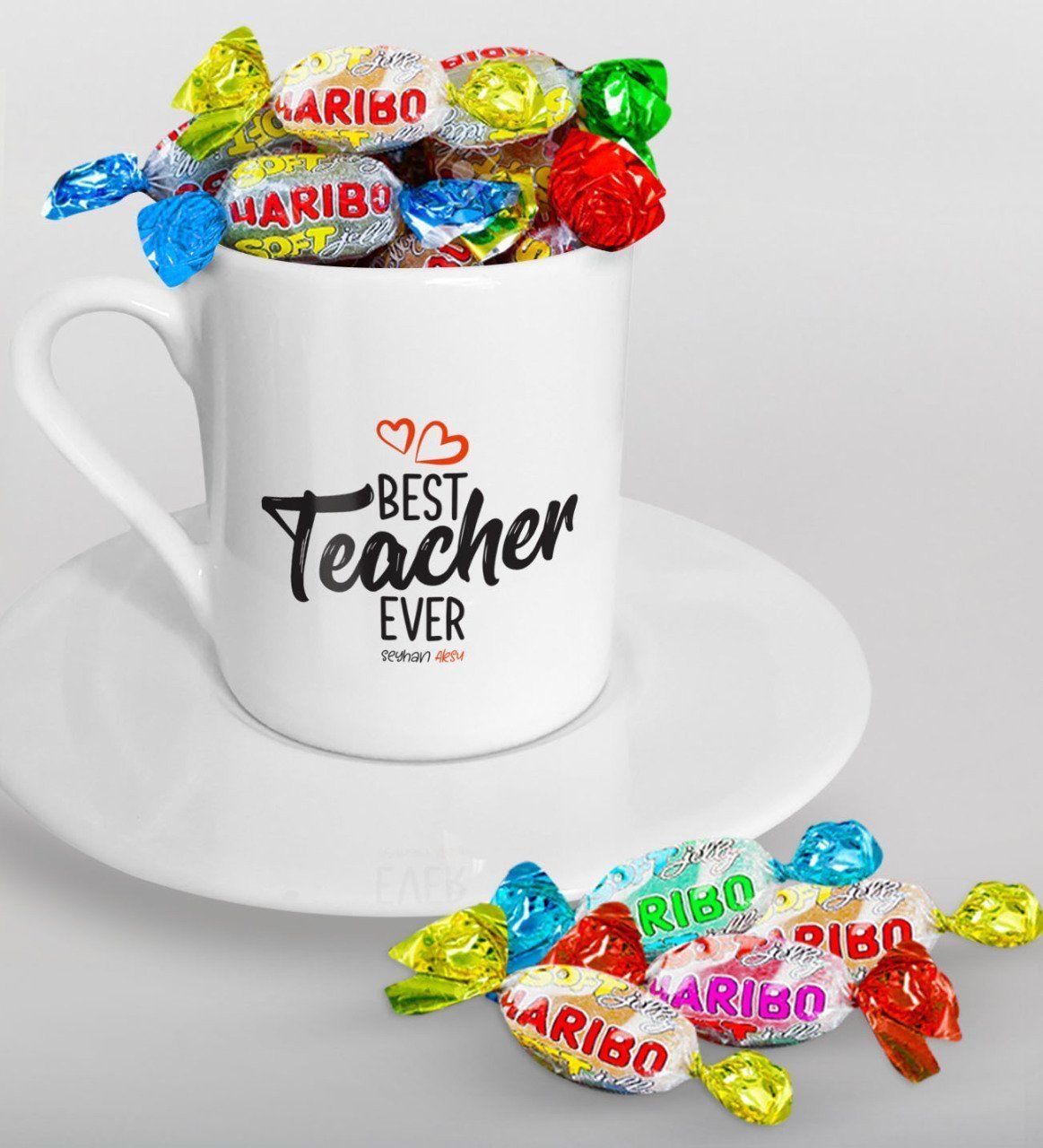 Kişiye Özel En İyi Öğretmen Türk Kahvesi Fincanı ve Haribo Şeker Hediye Seti-13