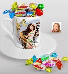 Kişiye Özel Bayan Karikatürlü Türk Kahvesi Fincanı ve Haribo Şeker Hediye Seti-38