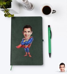 Kişiye Özel Süper Baba Karikatürlü Yeşil Termo Deri Defter Kalem Seti Model 1