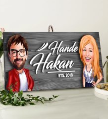 BK Gift Kişiye Özel Sevgililer Karikatürlü Gri Dekoratif Ahşap Tabela