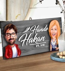 BK Gift Kişiye Özel Sevgililer Karikatürlü Gri Dekoratif Ahşap Tabela