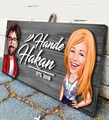 BK Gift Kişiye Özel Sevgililer Karikatürlü Gri Dekoratif Ahşap Tabela
