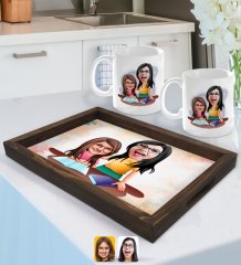 Kişiye Özel Anne Kız Karikatürlü Doğal Ahşap Tepsi ve 2’li Kupa Bardak Seti-1