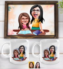Kişiye Özel Anne Kız Karikatürlü Doğal Ahşap Tepsi ve 2’li Kupa Bardak Seti-1