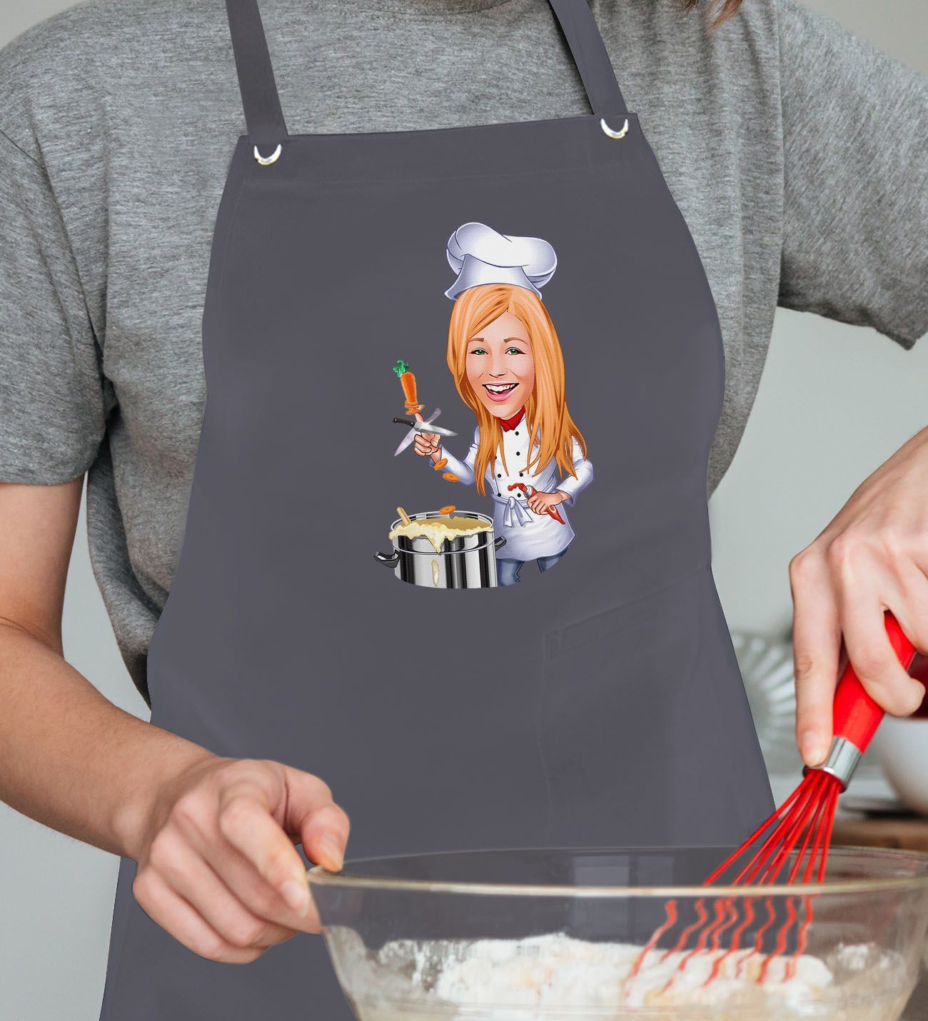 BK Gift Kişiye Özel Kadın Chef Karikatürlü Profesyonel Antrasit Mutfak Önlüğü, Aşçı Önlüğü, Şef Önlüğü, Arkadaşa Hediye-1