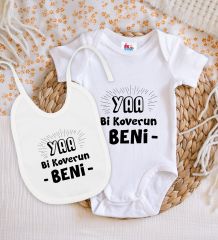 BK Kids Koverun Beni Tasarımlı Beyaz Bebek Body Zıbın ve Mama Önlüğü Hediye Seti-1