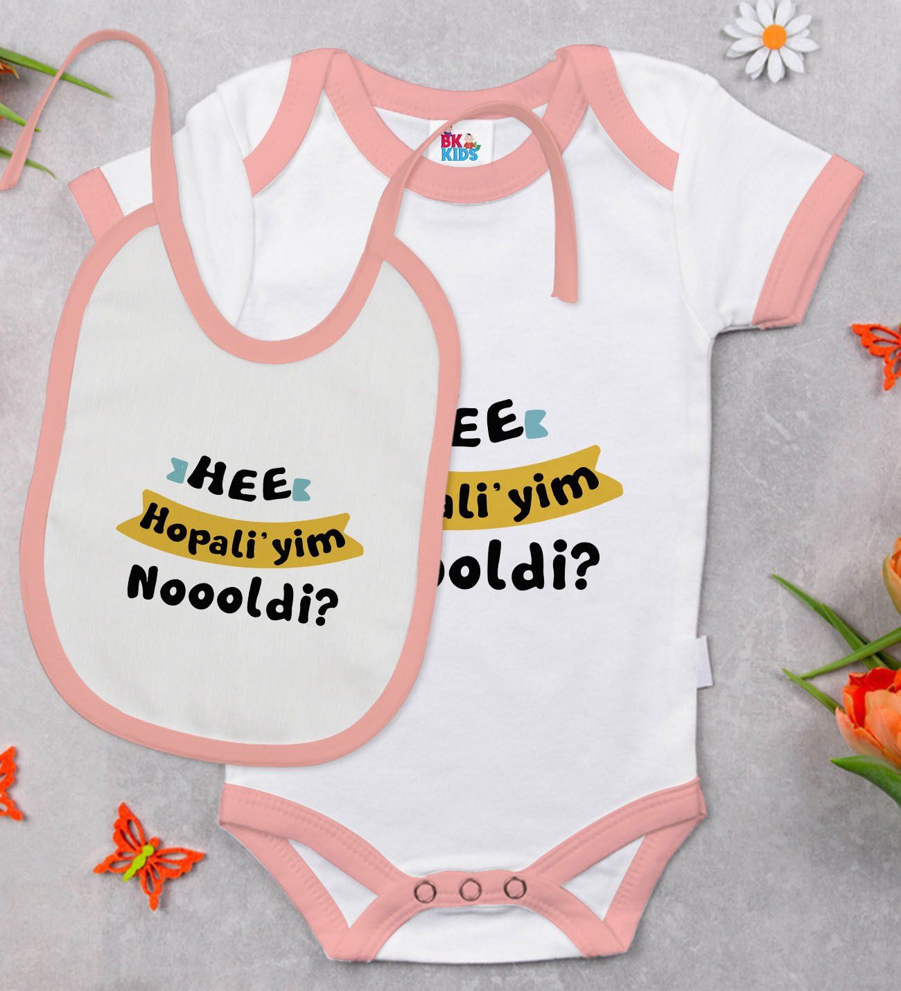 BK Kids Hopaliyim Tasarımlı Pembe Bebek Body Zıbın ve Mama Önlüğü Hediye Seti-1