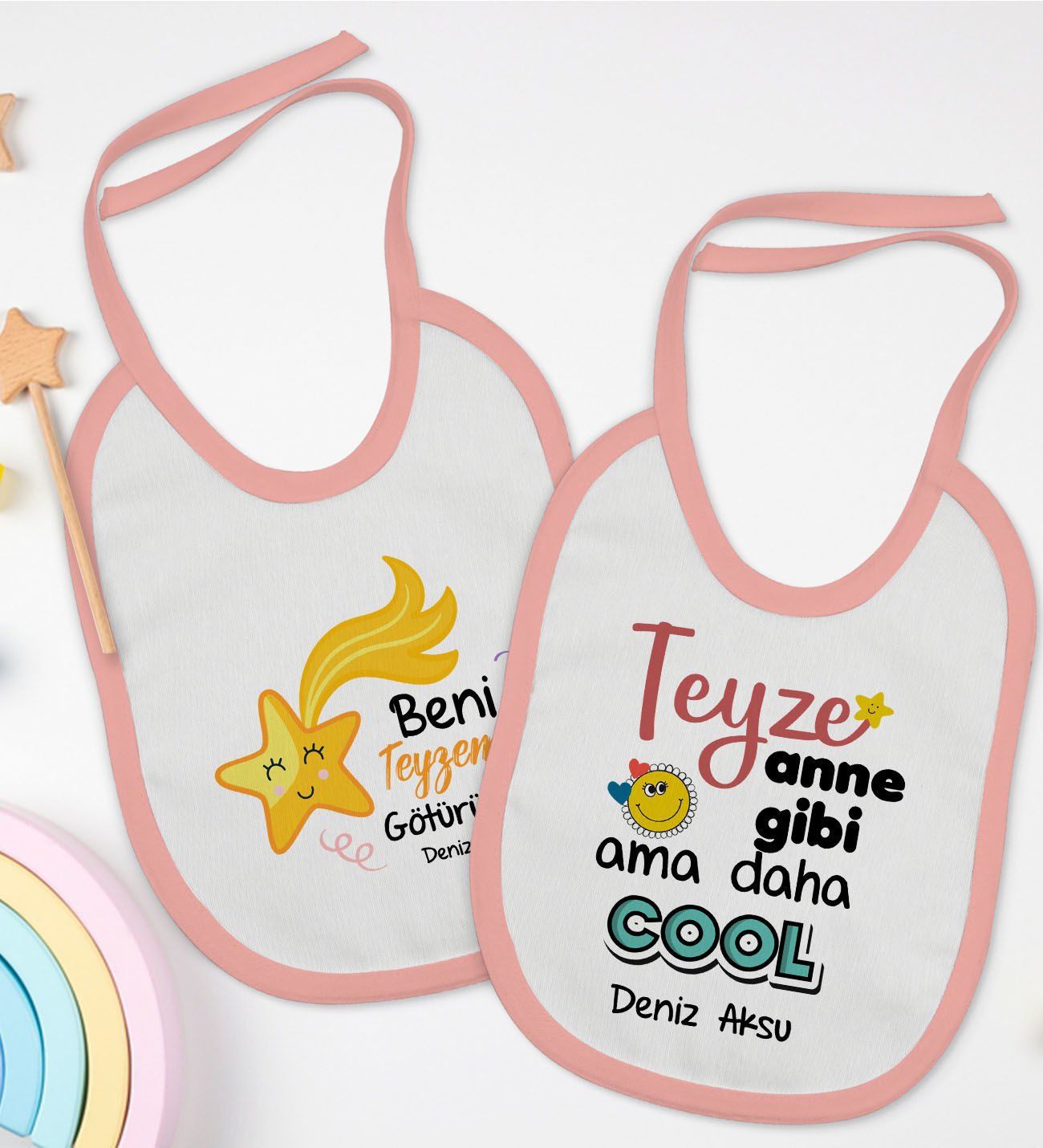 BK Kids Kişiye Özel Teyze Tasarımlı 2’li Pembe Mama Önlüğü-1