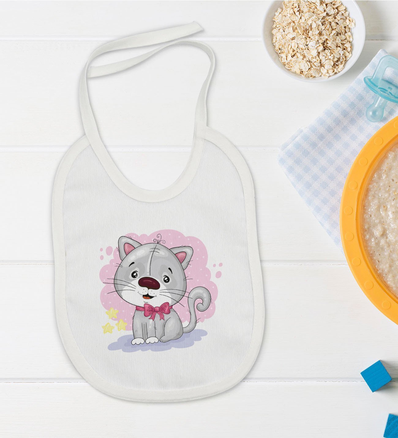 BK Kids Sevimli Kedi Tasarımlı Bebek Mama Önlüğü - Model 1