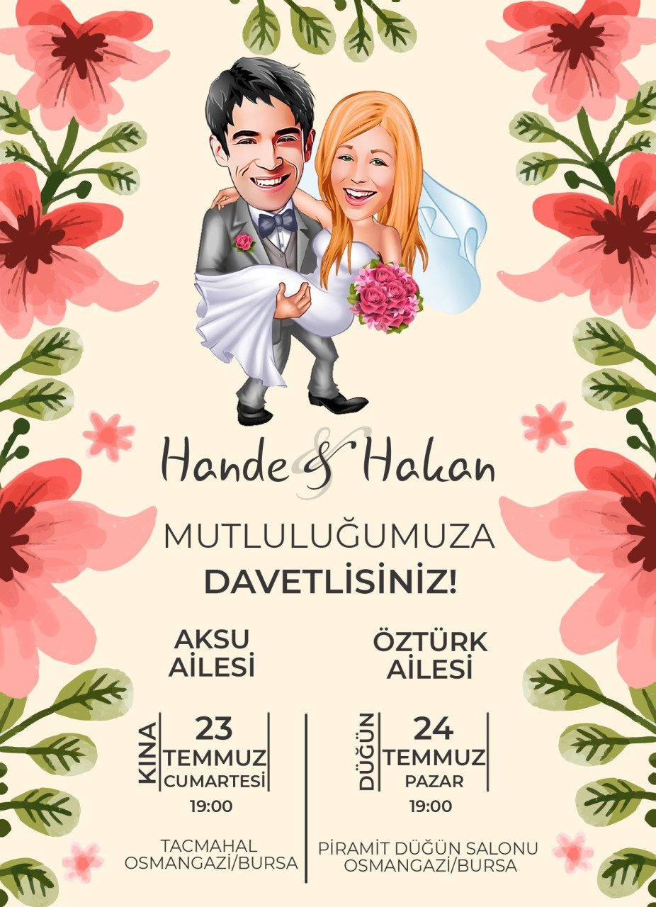 Kişiye Özel Karikatürlü Bitmeyen Düğün Davetiyesi Model 85