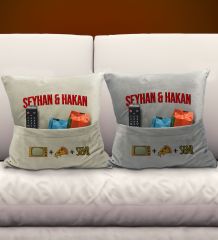 BK Gift Kişiye Özel Eğlenceli Tasarımlı 2'li Organizer Kumanda ve Atıştırmalık Cepli Krem&Gri Kırlent Yastık- 3, Ev Dekoru, Ev Hediyesi