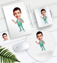 Kişiye Özel Bay Cerrah Karikatürlü Defter Kalem Kupa Mouse Pad Seti